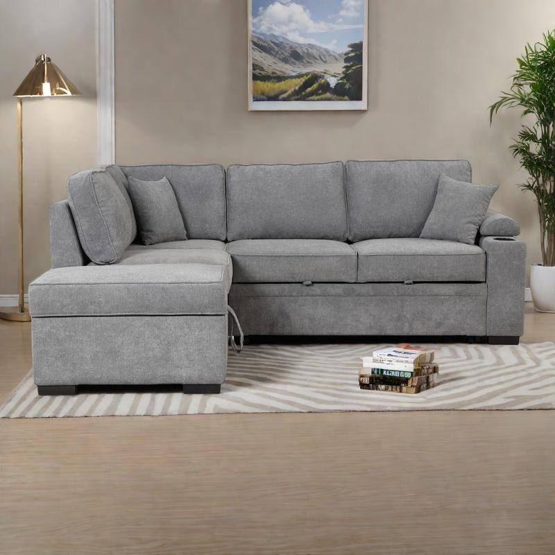 84.75" Linen Convertible L-Shaped Sleeper Sofa with Storage Ottoman - Gray