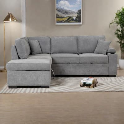 84.75" Linen Convertible L-Shaped Sleeper Sofa with Storage Ottoman
