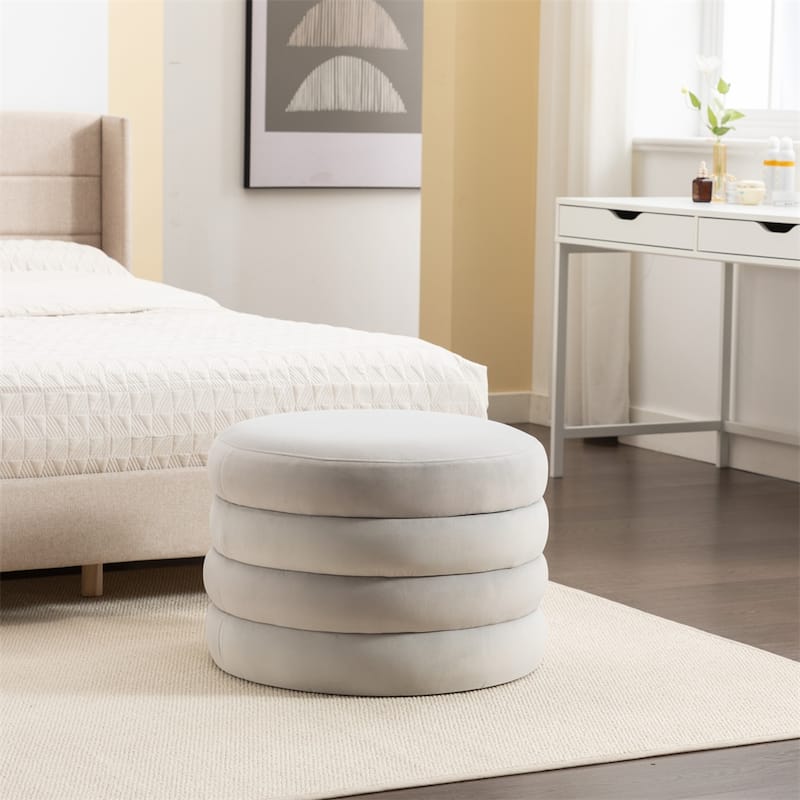 Fabric Storage Round Ottoman Footstool with Wooden Shelving