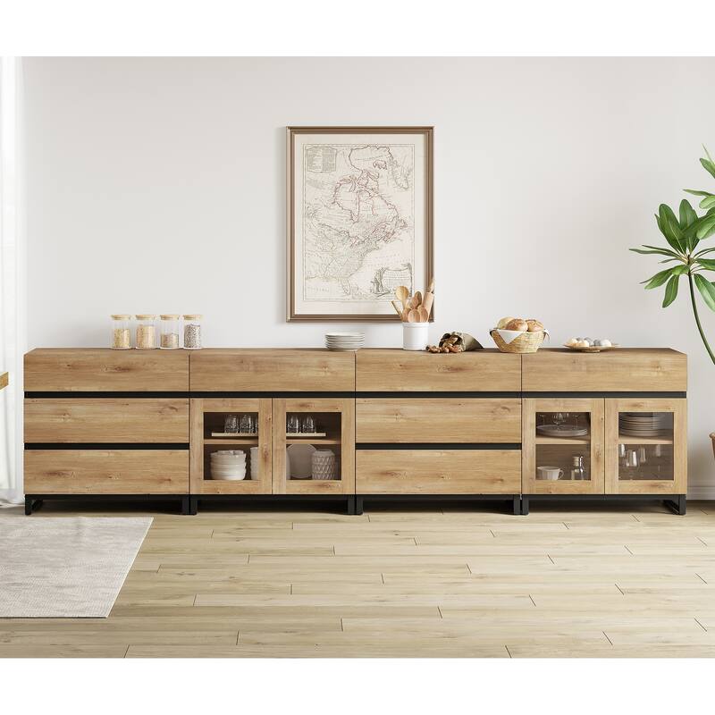 4-in-1 Multifunctional Sideboard Buffet with 8 Drawers & Glass Doors, Modern Credenza with Adjustable Shelf & Metal Base.