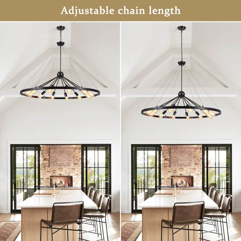 12-Light W43.3" x H90.55" Wagon Wheel Chandelier for Study Bedroom