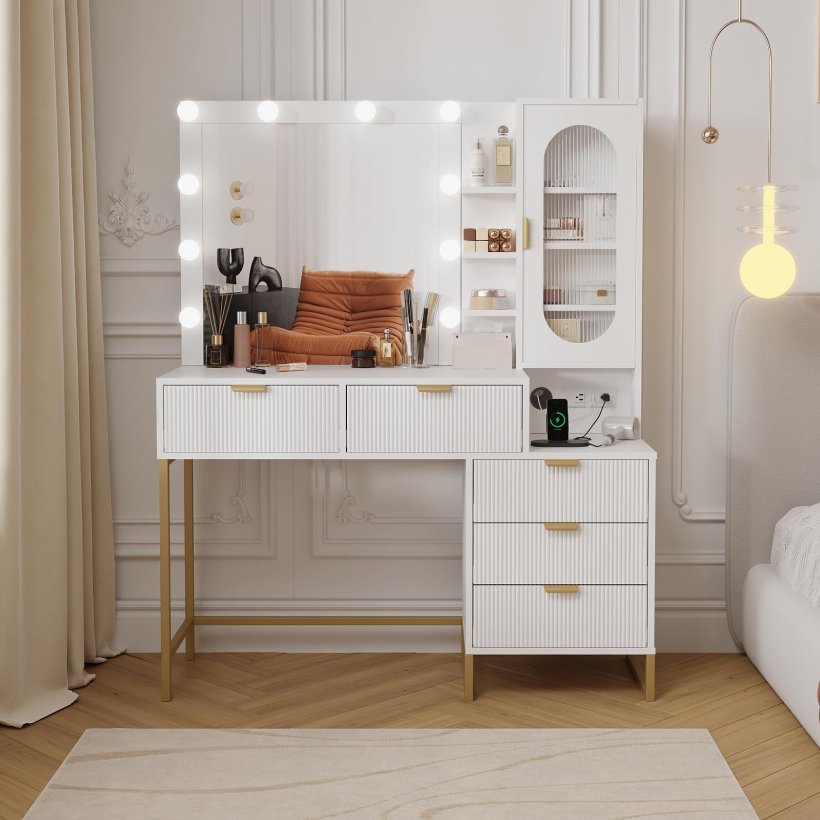 Modern Vanity Desk with Mirror & LED Lights, Makeup Table with Power Outlet, 5 Drawers, Shelves & Cabinet