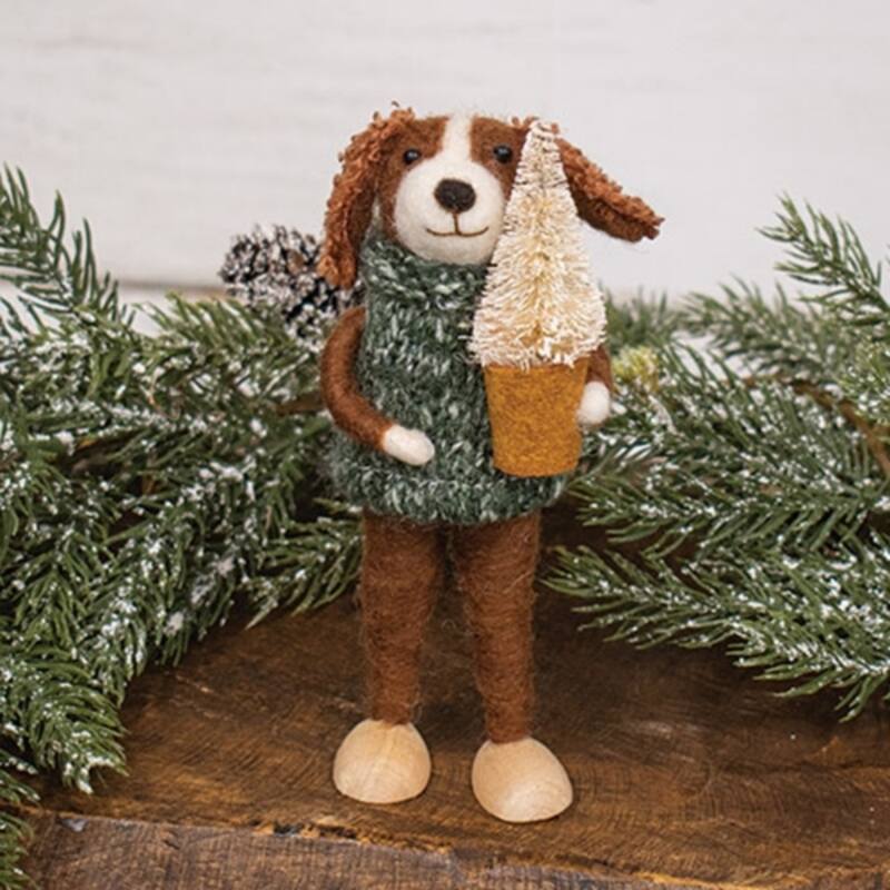 Felted Dog Ornament with Sweater and Tree for Holiday Decor - 2.25" x 1.75" x 5.50"