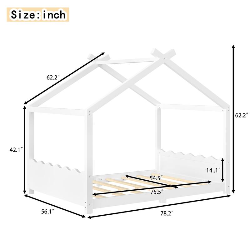 Queen/Full/Twin Solid Wood House Floor Bed, No Box Spring Needed