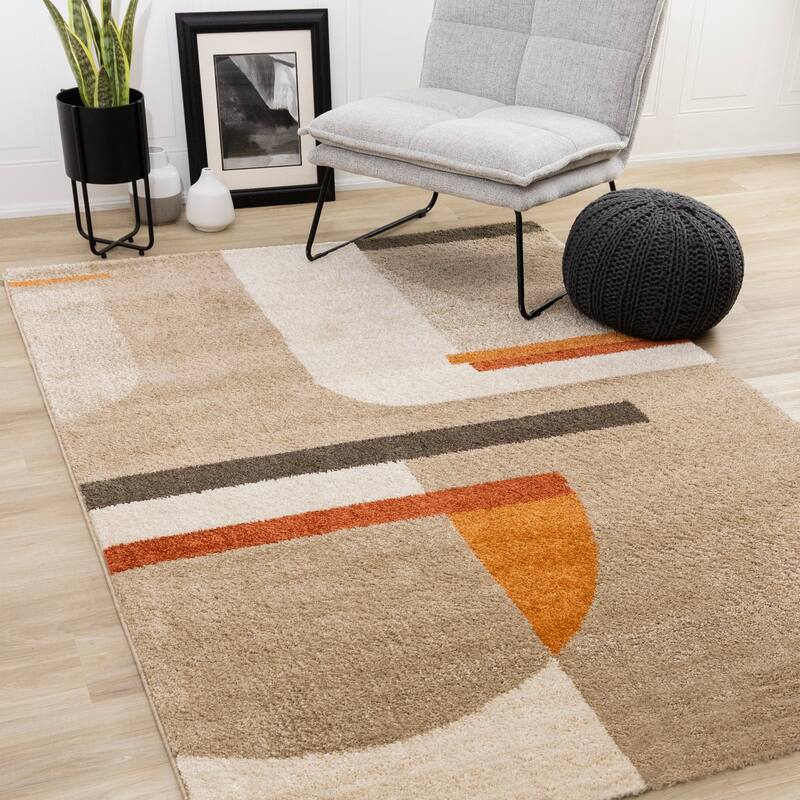 Cozy Geometric Shag Area Rug in Beige Cream Orange