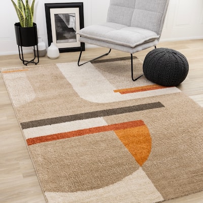 Cozy Geometric Shag Area Rug in Beige Cream Orange