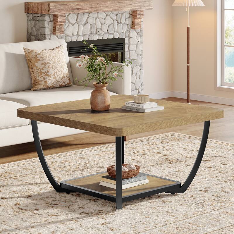 31.5" Square Coffee Table, 2-Tier Accent Center Cocktail Table