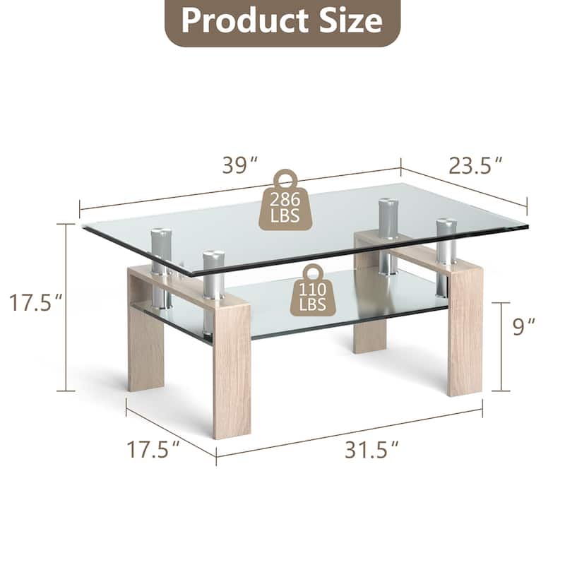 Costway Rectangle Glass Coffee Table Metal Legs End Table Livingroom