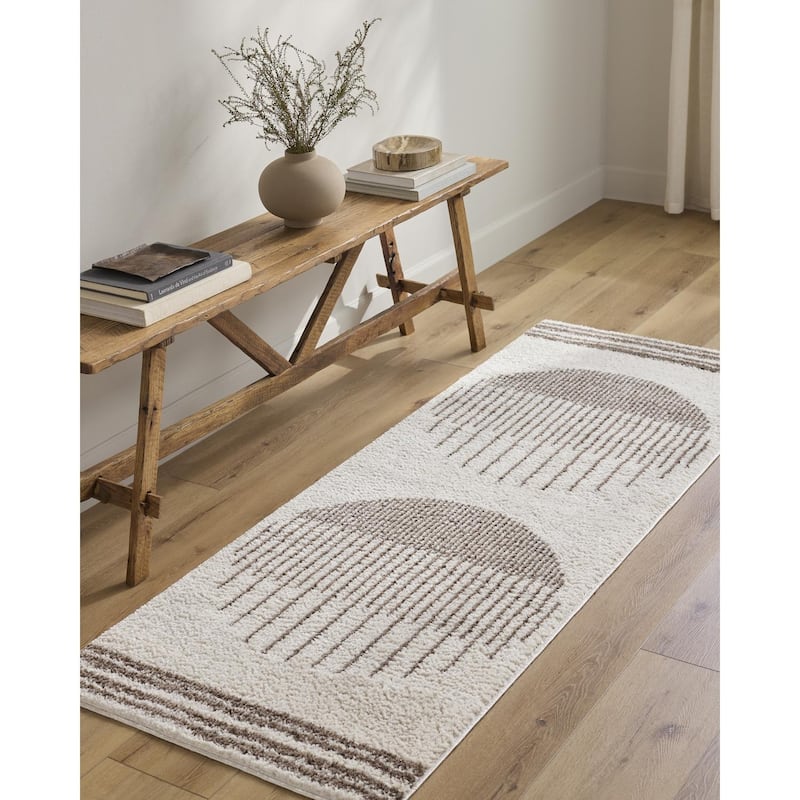 Livabliss Scandinavian Fossay Shag Stripe Washable Area Rug - 7'10" x 10' - Light Beige/ Dark Brown