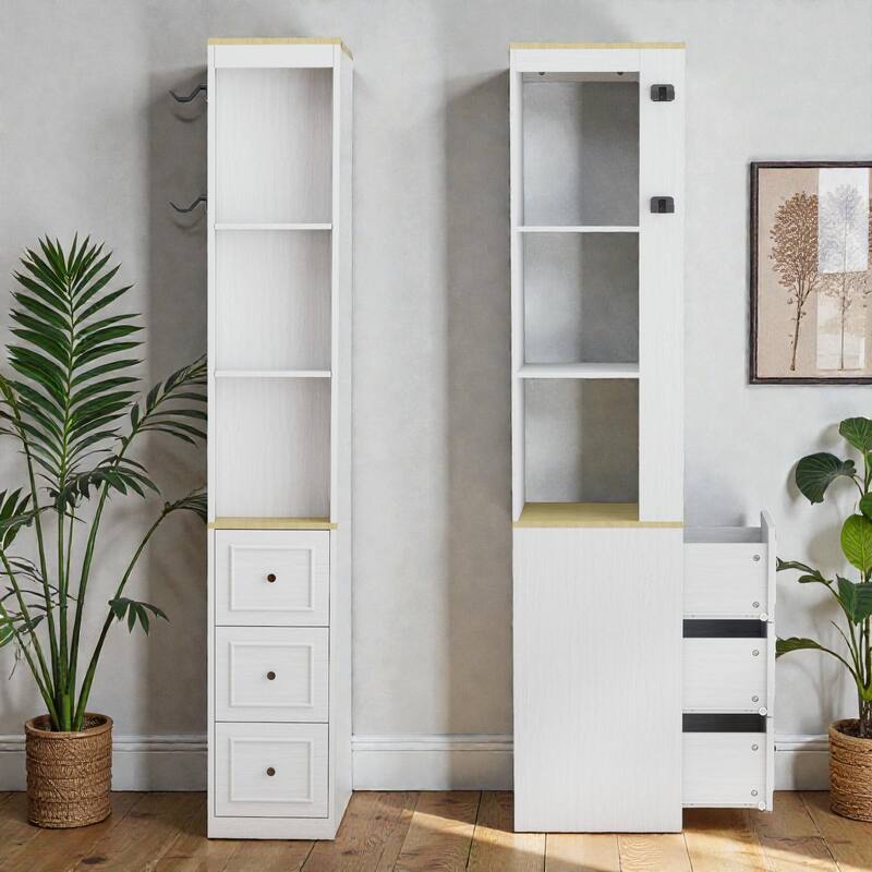 73'' Tall Slim Storage Cabinet with 3 Drawers, Hooks & 3-Tier Shelves, Media Tower for Books, CDs, DVDs, Games & Consoles