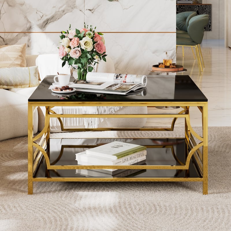 33.5" Square Glass Coffee Table, Modern Metal Frame Table with Tempered Glass Top & Lower Shelf, Luxury Living Room Accent Table