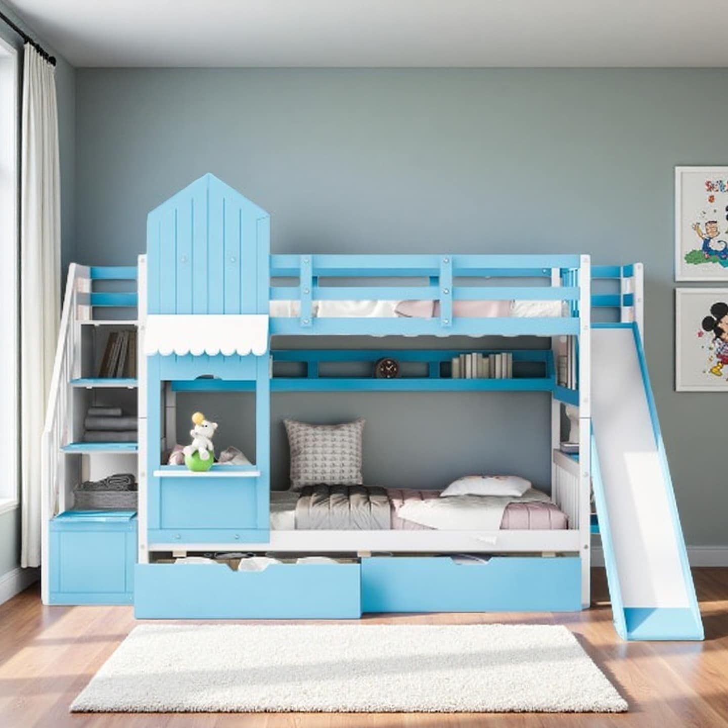 Full Size Playhouse Bunk Bed Frame with Slide, Dual Full Beds, Built-In Drawers and Display Shelves, Castle-Inspired Bunk Bed