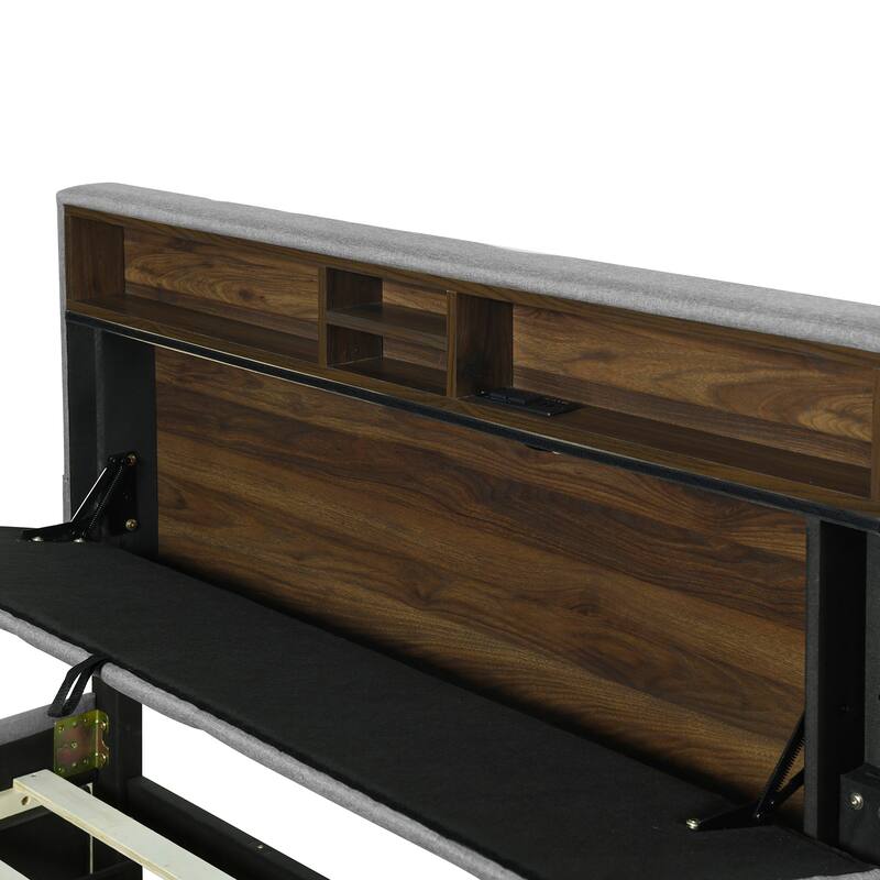 Full Size Upholstered Storage Bed with USB Ports, Twin Trundle & Drawers, Gray Linen Fabric