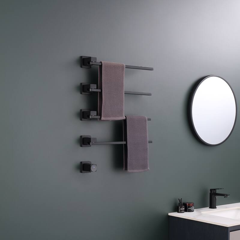 Heated Towel Rack 4-Bar Towel Warmer Rack Swingable Bars Wall Mounted with Timer Plug-in/Hardwired