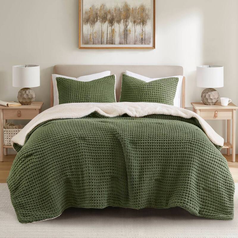 2 Pieces Twin Cable Knit Chenille Comforter Set - Olive