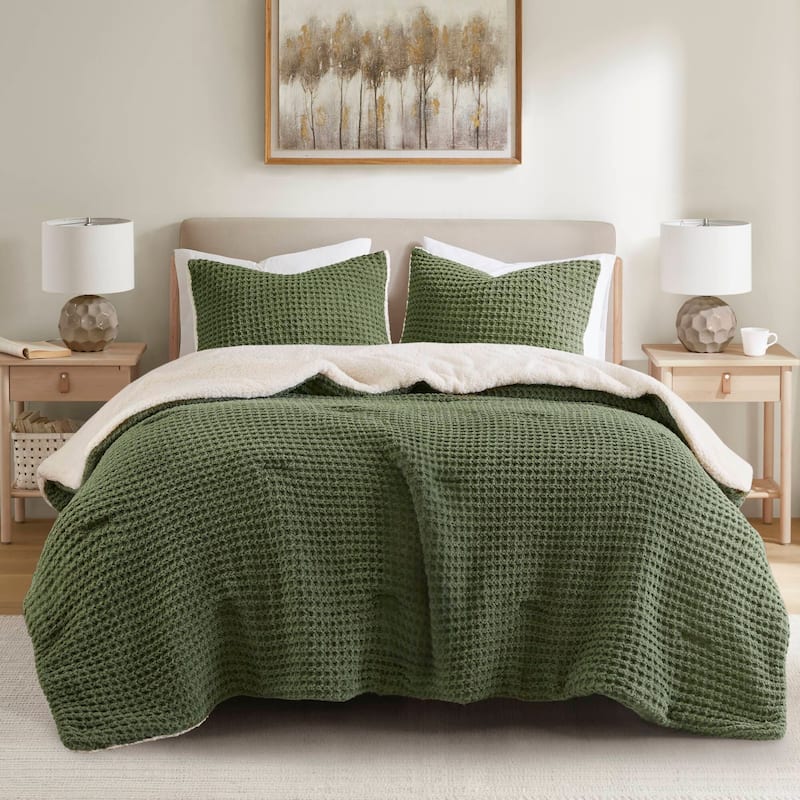 Madison Park Riordan Waffle Knit Chenille Comforter Set - Twin - Olive