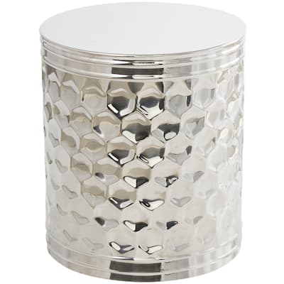 Stainless Steel Metal Geometric Drum Accent Table with Hexagon Patterned Exterior - Silver - Roche River Decor