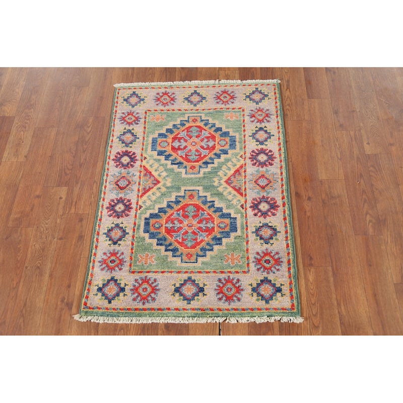 Green Geometric Kazak Accent Rug Hand-Knotted Wool Carpet - 2'0"x 2'11"