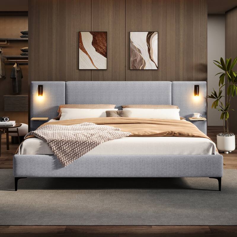 Roomfitters Linen Upholstered Bed with Integrated Lights and Shelves, Gray - Queen