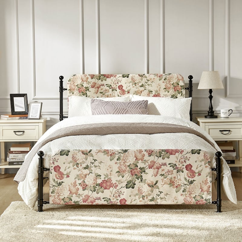 Diana Transitional 62" Floral Upholstered Platform Metal Bed Frame with Washable Slipcover by HULALA HOME - Blush