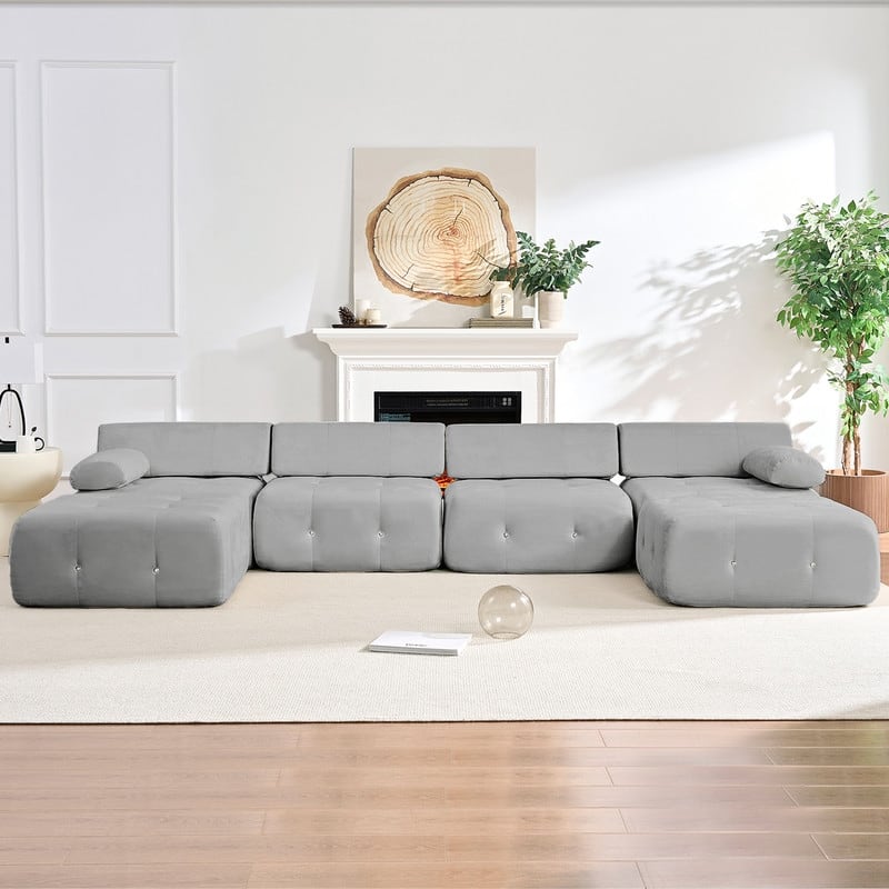 Mixoy Modular 134inch Modular Sectional Sofa with 2 Ottoman,Velvet U-Shaped Couch for Living Room - 133.9"w x 66.9"D x 24.8"H