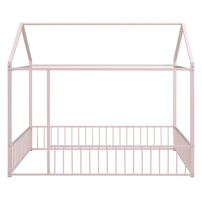 Kids' Twin/Full Metal House Bed Frame with Roof and Fence, Playful Sleep and Play Space, Sturdy Frame, Multiple Colors