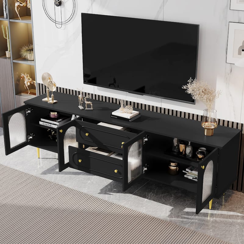 Modern TV Stand Up to 80'' with Fluted Glass Doors - 78.7" D x 15.7" W x 24.4" H