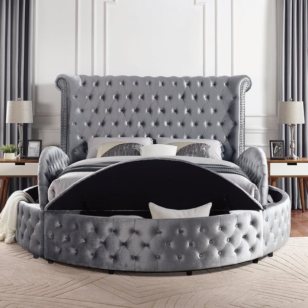 slide 2 of 20, Furniture of America Shendae Glam Tufted Velvet Storage Footboard Round Platform Bed