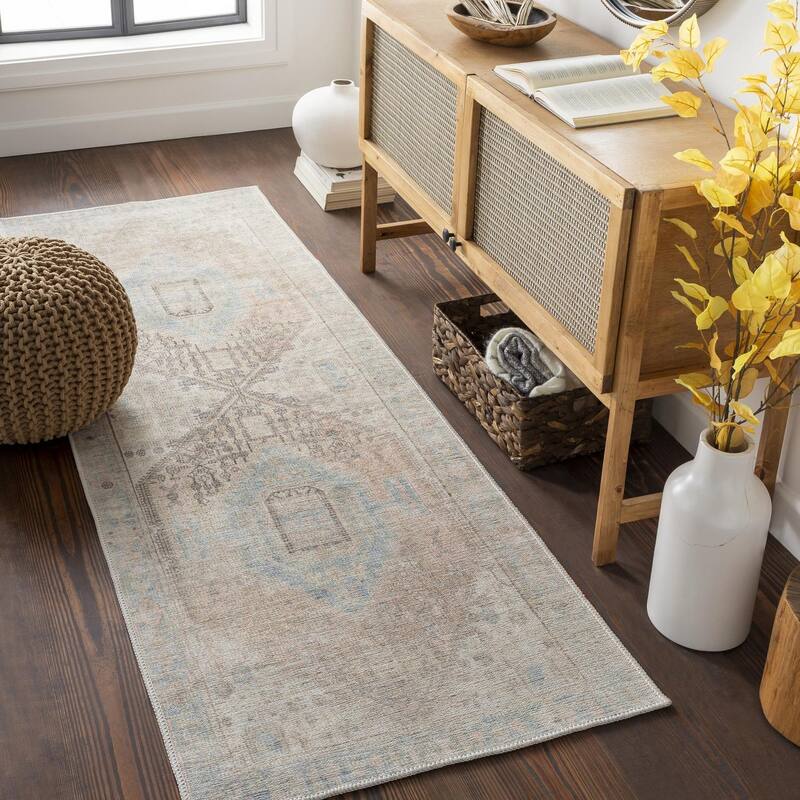 Livabliss Traditional Alanya Medallion Washable Area Rug - 2'7" x 7'3" - Denim/Brown
