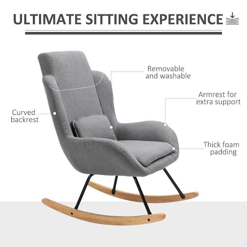 HOMCOM Modern Comfortable Relax Rocking Sofa Armchair Lounge Chair with Thick Padding Metal Frame Pillow Light Grey