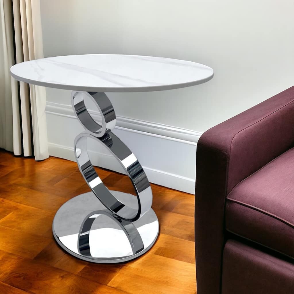HomeRoots 21" White And Silver Stone And Stainless Steel Round Pedestal End Table - 21.6' X '20.9' X '21.6