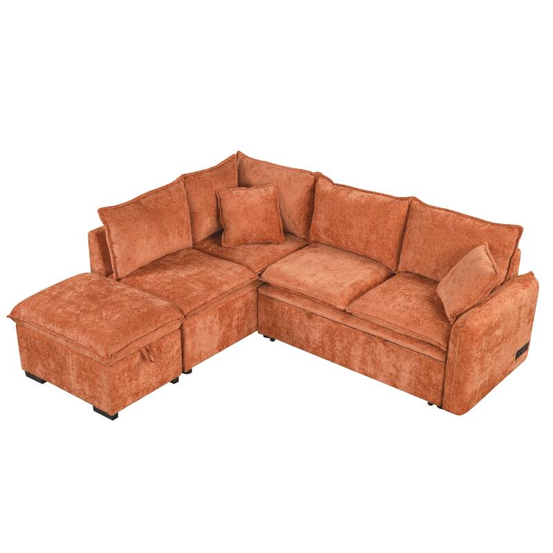 Orange 82.67" L-Shaped 5-Seat Sectional Sofa with Pull-Out Bed, Storage Ottoman, 2 USB Ports, Power Sockets, and 2 Cushions