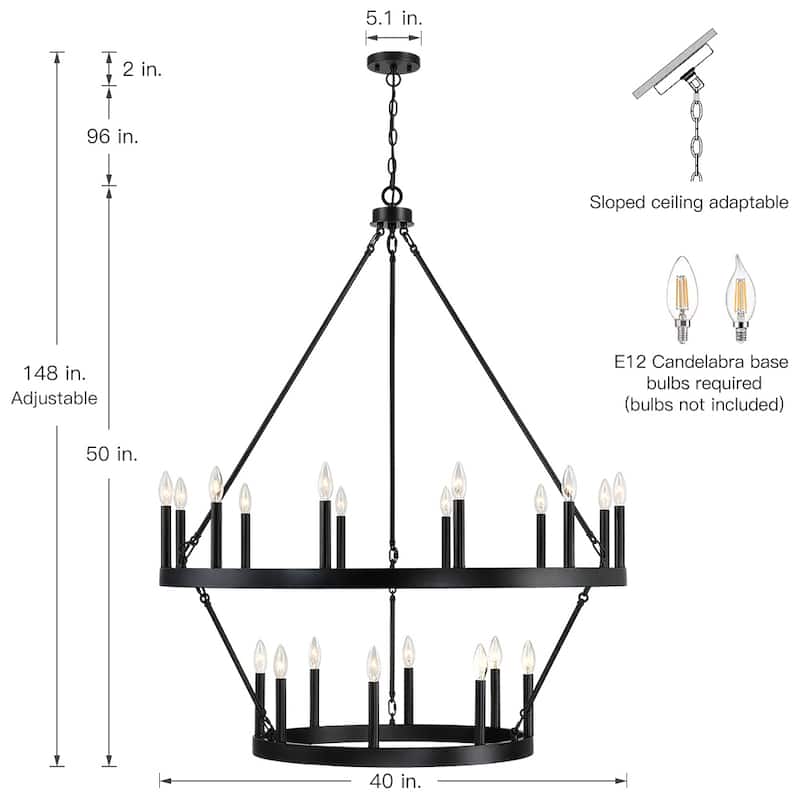 20-Light Black Candle Style Wagon Wheel Chandelier - 40"D x 148"H - 40 in. W
