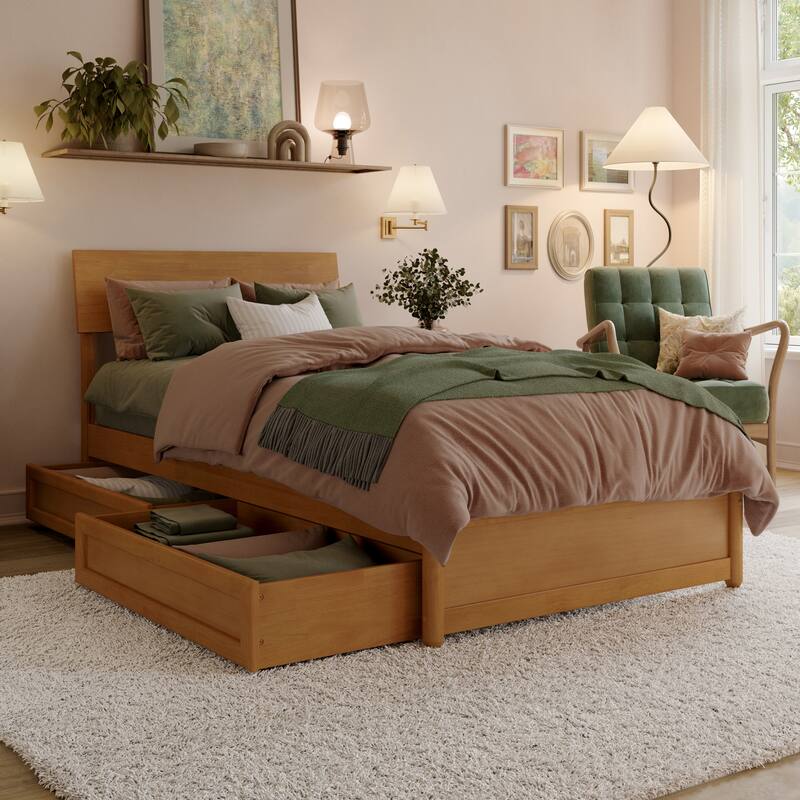 Norla Wood Platform Bed with Storage Drawers - Twin XL - Light Toffee