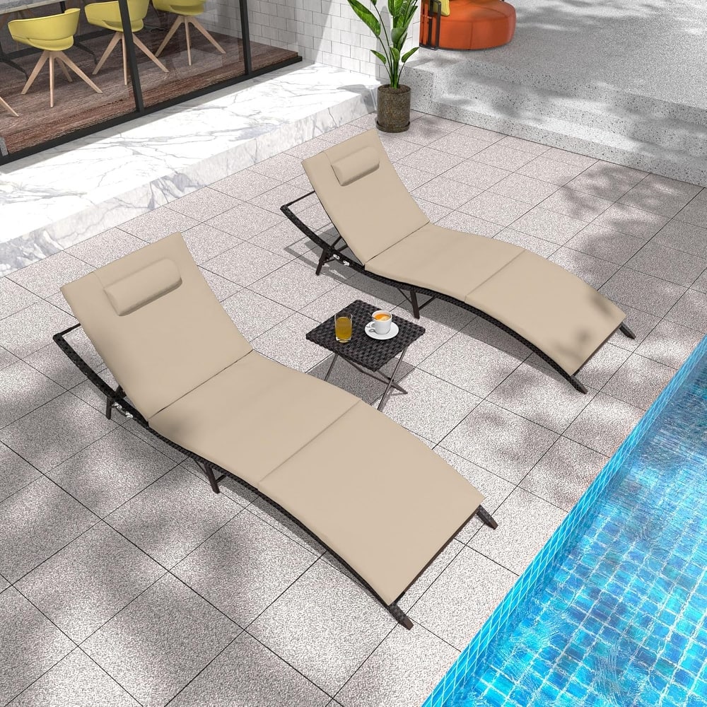 3-Pieces Wicker Outdoor Chaise Lounge Set w/ Two Foldable Lounge Chairs and one Side Table