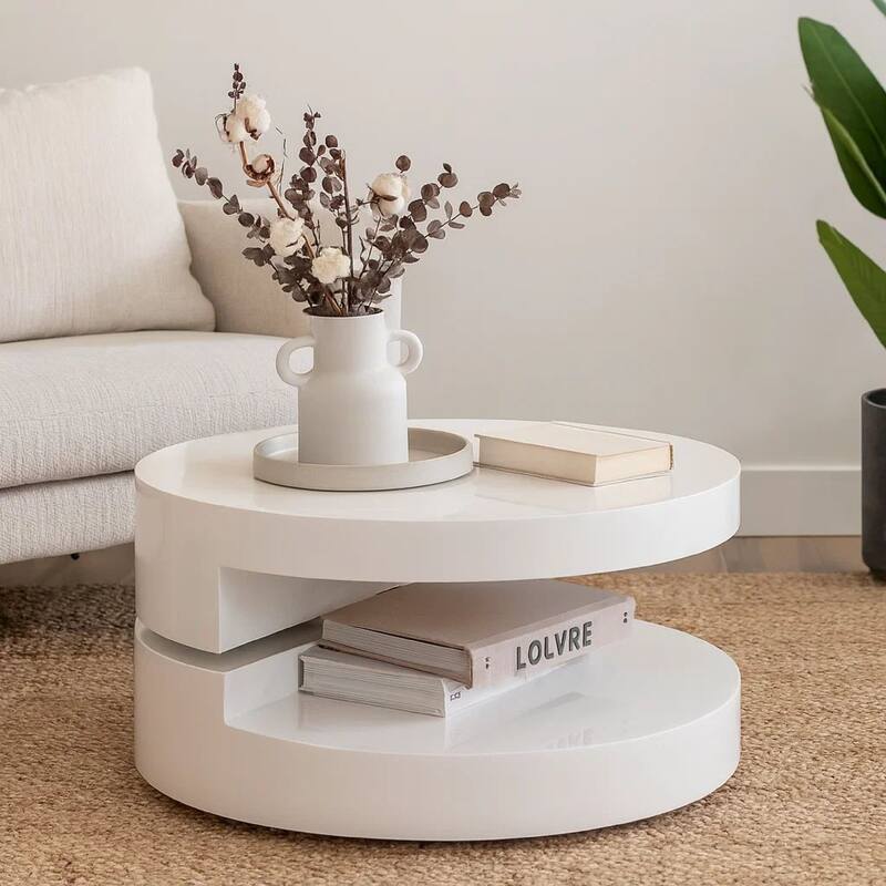Coffee Table, Open Shelf, Rotating 24 Inch Modern Round White Top