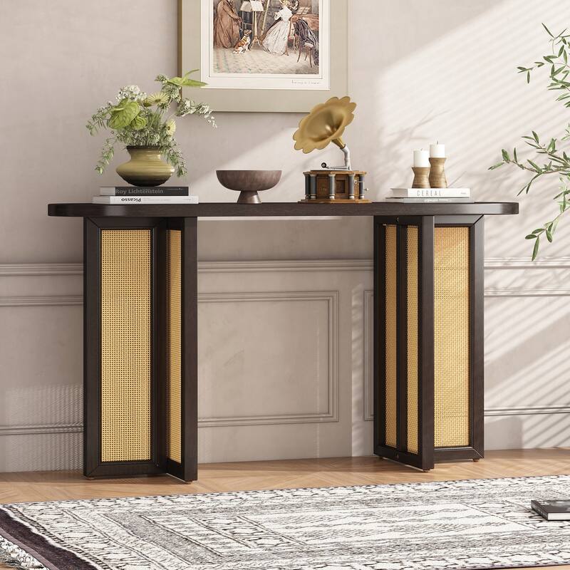 Farmhouse Rattan Console Table Entryway Table