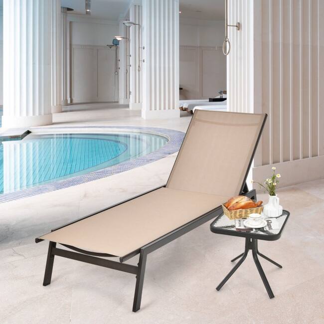 Outdoor Reclining Chaise Lounge Chair with 6-Position Adjustable Back - 64"- 79" x 25" x 38" - 12" (L x W x H)
