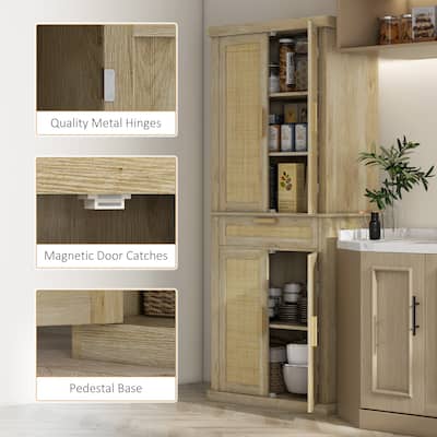 72" Boho Pantry Cabinet with Rattan Decor, 5-Shelves, Drawer & Adjustable Shelves, Oak