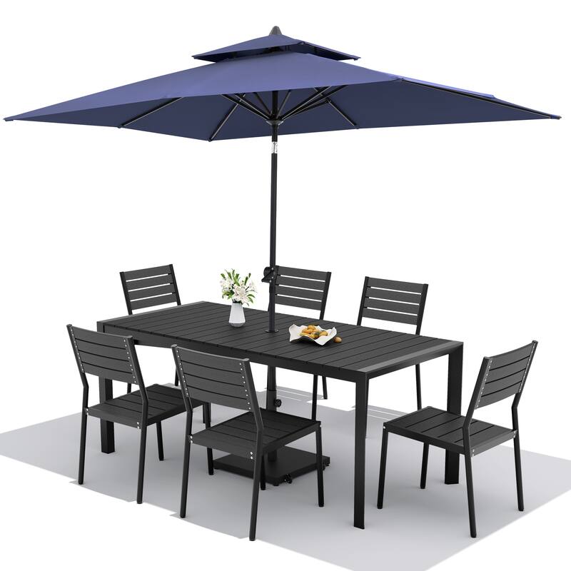9-Piece Outdoor Patio Dining Set Wood Like Aluminum Umbrella Hole Table with Stackable Chairs, Market Umbrella and Wheel Base