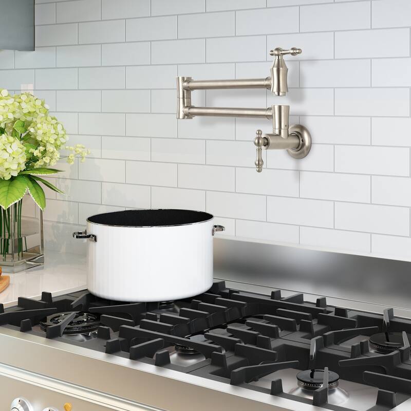 Two Handles Wall Mount Filler Folding Kitchen Faucet - Brushed Nickel