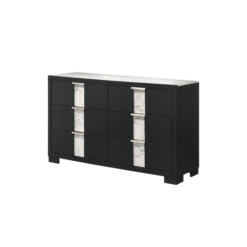 Amey Wide 6 Drawer Dresser, White Marble Trim, Black Wood