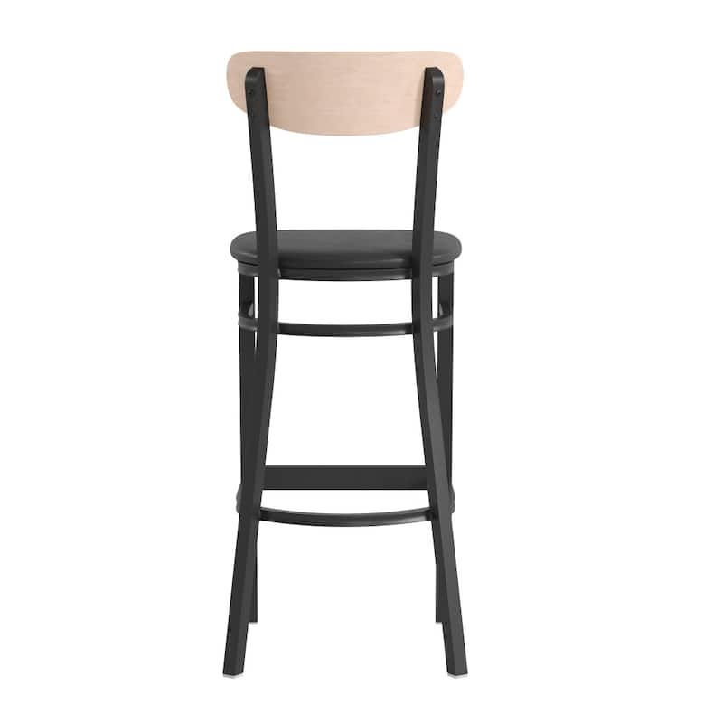 Commercial Metal Barstool with Wood Seat and Boomerang Back