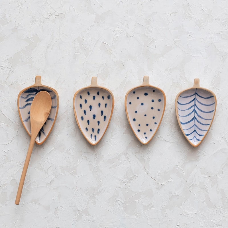 Stoneware Leaf Shaped Dishes with Painted Designs - 6.0"L x 3.6"W x 0.8"H