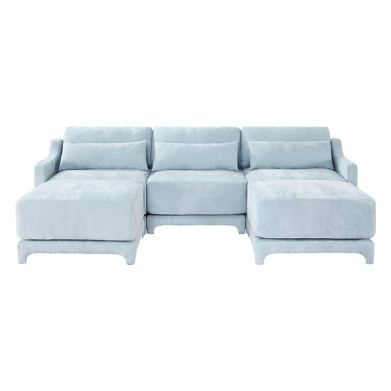 105.9" Chenille 3-Seater Sofa with 2 Movable Ottomans, Lumbar Pillow, High-Resilience Sponge and Wooden Base