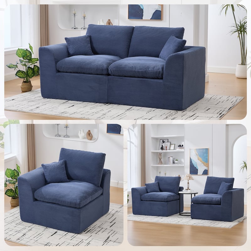 Ergonomic Corduroy Cloud Couch Modular Loveseat Sofa with Curved Armrests, High-Density Foam Support and Detachable Covers - Navy Blue