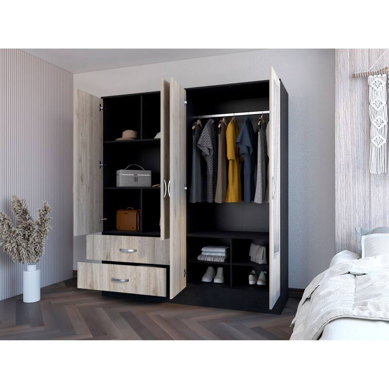 19.4" Modern Mirrored Armoire with Hanging Rod, Two Spacious Drawers and Three Interior Shelves
