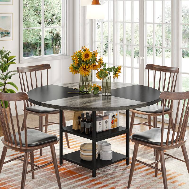 Dining Table with Storage Shelves for 4 People, Rustic Color Contrast Kitchen Table