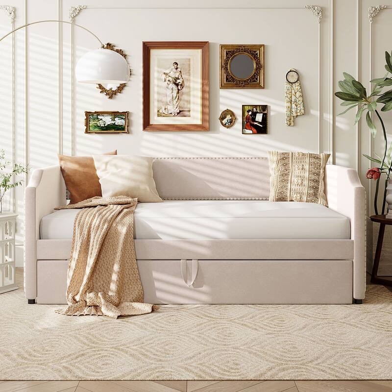 Twin Size Velvet Upholstered Daybed with Pop Up Trundle Bed, Low Profile Panel Bed Frame, 2-in-1 Daybed Design - Beige