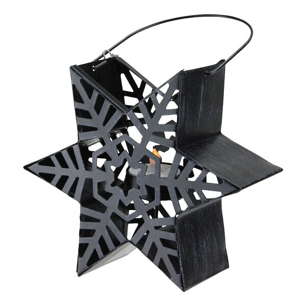 9.5" Alpine Chic Distressed Style Black Snowflake Star Design Tea Light Candle Holder Lantern. Opens flyout.